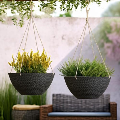 LA JOLIE MUSE Hanging Planters for Outdoor Plants, Large Hanging Planter with Drain Holes, Outdoor Hanging Flower Pots, Matte Black, Honeycomb (13.2 Inch, Set of 2) | Matte Black Finish, Hanging Baskets and Flower Pots for Outdoor Plants, Decorative Outdo
