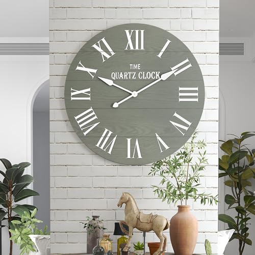 ARTPOWER 35.5” Extra Large Giant Farmhouse Wall Clock, Sage Green | Oversized, with Big Roman Numeral, Nearly Non-Ticking, Shiplap Wood, for Living Dining Room Decor, Entrance - color: Green, size: 35.5"W x 35.5"H