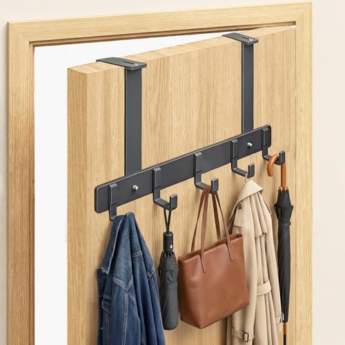 Adjustable Over The Door Hooks, 5 Hooks Over The Door Organizer with Suction Cup, Towel Racks for Bathroom Fits 1.38~2.56 in Thick Door, for Bedroom Door, Entrance Door - 4.72 in Tall - size: 4.72" Tall