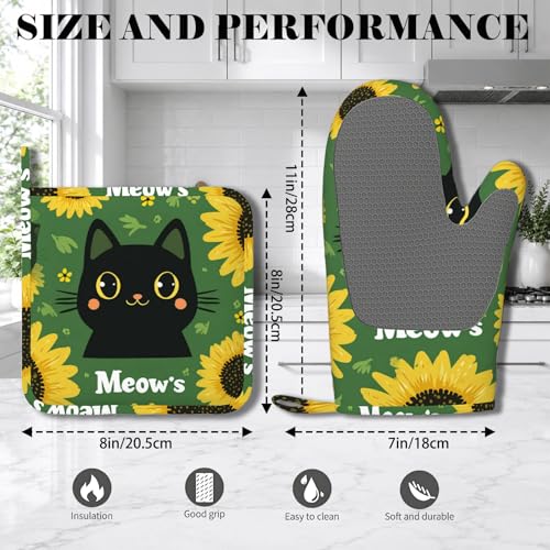 Black Cat Oven Mitts and Pot Holders Sets Cartoon Sunflower Silicone Heat Resistant Kitchen Oven Gloves Pot Holder for Cooking Baking Grilling BBQ - color: Black Cat