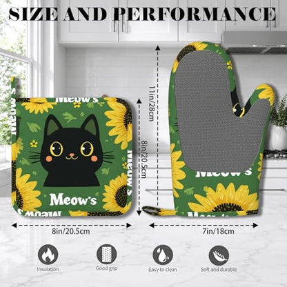 Black Cat Oven Mitts and Pot Holders Sets Cartoon Sunflower Silicone Heat Resistant Kitchen Oven Gloves Pot Holder for Cooking Baking Grilling BBQ - color: Black Cat