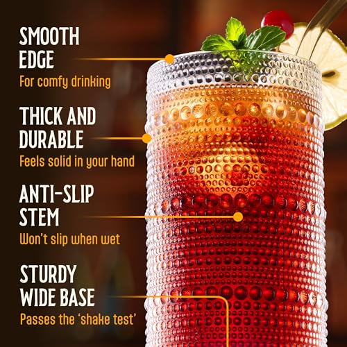 12 Oz Hobnail Drinking Glasses Set of 6 - Clear Multipurpose Glassware Sets, Decorative Glasses Drinking Set for Bar, Kitchen, Cocktail Glassware - w/Straws, Brushes, Ice Cubes, & Cloth Bag