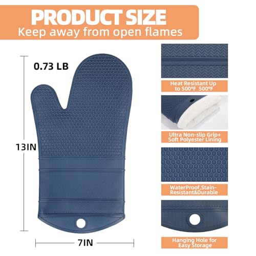 YUTAT Silicone Oven Mitts,Heat Resistant Oven Gloves with Soft Polyester Filling,Perfect for BBQ, Baking and Cooking,Blue,2 Pcs Set - color: Blue-honeycomb Surface, size: 13“L x 7"W-2 Piece