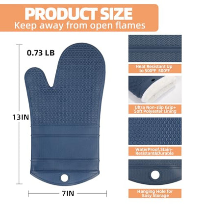 YUTAT Silicone Oven Mitts,Heat Resistant Oven Gloves with Soft Polyester Filling,Perfect for BBQ, Baking and Cooking,Blue,2 Pcs Set - color: Blue-honeycomb Surface, size: 13“L x 7"W-2 Piece