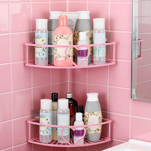 2 Pack Pink Heart Corner Shower Caddy No Drilling Pink Shower Shelves Coquette Corner Caddy with 5 Adhesive Hooks Sweet Decor for Bathroom Kitchen Bedroom - style: Heart