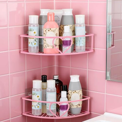2 Pack Pink Heart Corner Shower Caddy No Drilling Pink Shower Shelves Coquette Corner Caddy with 5 Adhesive Hooks Sweet Decor for Bathroom Kitchen Bedroom - style: Heart