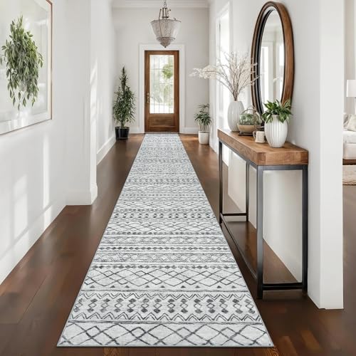 KUTA Long Hallway Runner Rug 2.6x16 Washable, Moroccan Vintage Beige Boho | Non-Slip, Non-Shedding, Low Pile, Ultra Soft Geometric Floor Carpet Rugs for Hallway Kitchen Entryway Stair Laundry Foyer - color: Grey, size: 2'7" x 16' (Runner)