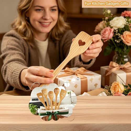 Smiley Face Wooden Spoons Set, 5-Piece Organic Bamboo Cooking Utensils | Cute Kitchen Gadgets with Smooth Splinter-Free Finish, Heat Resistant Funny Spatula for Daily Cooking & Gifting