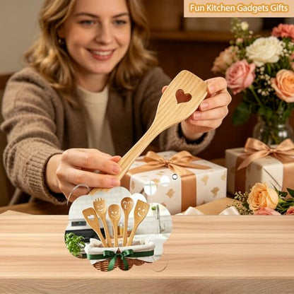 Smiley Face Wooden Spoons Set, 5-Piece Organic Bamboo Cooking Utensils | Cute Kitchen Gadgets with Smooth Splinter-Free Finish, Heat Resistant Funny Spatula for Daily Cooking & Gifting
