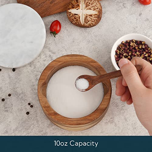 KITCHENDAO Large Acacia Salt Cellar Box Bowl with Built-in Spoon and Marble Lid, Solid Natural Acacia Wood Bath Sea Salt Container, Grey Marble Lid, Pepper Sealer Pinch Bowl, 10oz Capacity - color: Gray
