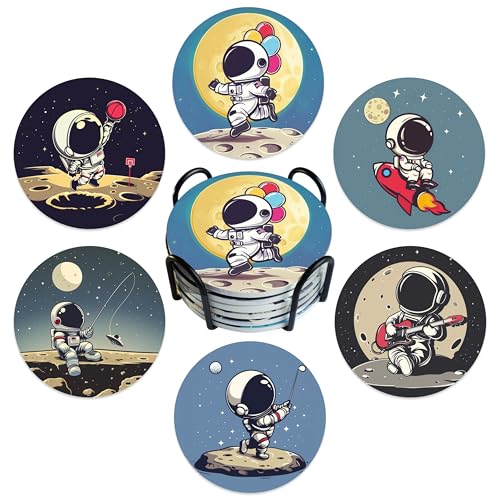 Funny Astronaut Absorbent Coasters Set of 6 with Cork Base and Holder - Cute Round Drink Coasters Set for Table Decor, Housewarming Gift for New Home Coffee Bar Decor - color: Astronaut2