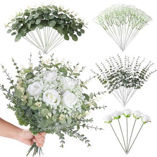 LUWENER 60 Pcs 4 Kinds Mixed Artificial Eucalyptus Leaves Stems,Bulk Fake Silver Dollar Leaves Faux Greenery Branches for Wedding DIY Bouquets, Floral Arrangement & Home Decor | White Silk Roses and Baby Breath Bulk, Fake Silver Dollar Leaves for Wedding