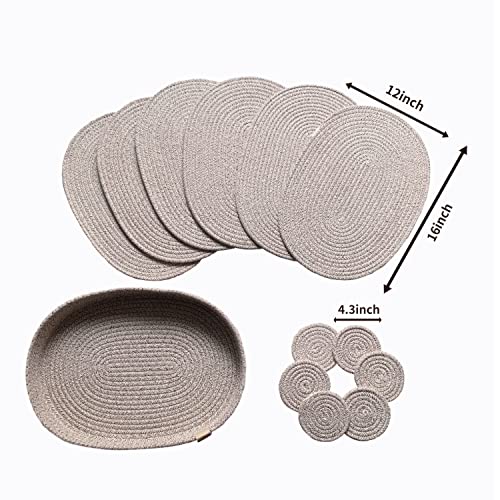 13-Piece Oval Cotton Rope Placemat Set, Coasters, Warm Taupe | 16 x 12 inch, machine washable, thick woven construction, everyday heat protection - color: Taupe Mix, size: 16*12 Plus 6 coasters