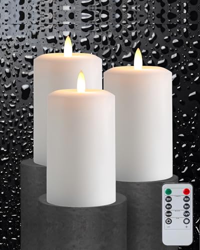 Gmnee 3"x6" Flickering Flameless Candles with Remote Timer, LED Candles | Set of 3 White Battery Operated Candles, Fake Pillar Candles for Fireplace, Centerpiece and Rustic Decor (Real Wax) - color: White - D3"H6"
