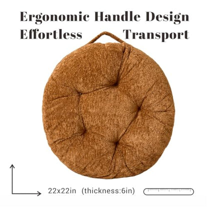 Floor Cushion Pillow, Portable Large | Meditation Adult Sitting Pillow with Handle for Tatami, Living Room & Yoga (1, Round, Brown, 22 x 22 x 6 inches) - color: Round, Brown