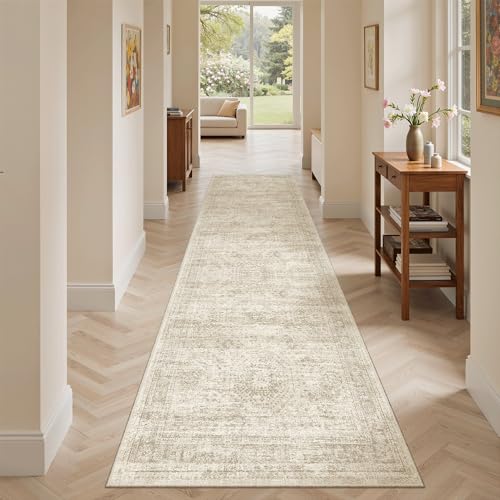 Soalmost Runner Rug 2x7 Washable Non-Slip Hallway Rugs for Kitchen Beige | Low-Pile Vintage Runners for Bathroom Laundry Room, Foldable Floor Carpet Mat for Entryway Corridor Bedroom - color: Beige, size: 2' x 7' (Runner)