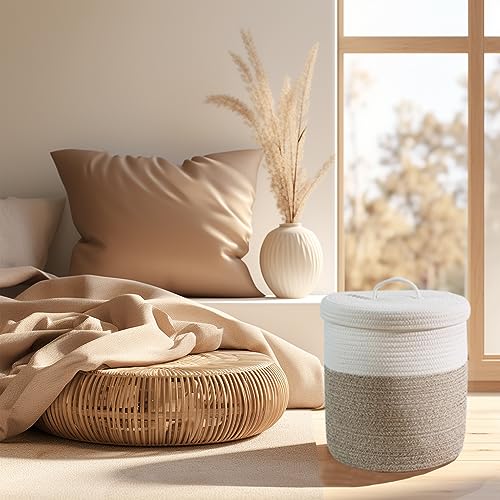 Yimi's Dream Lidded Storage Basket, Medium Brown & White Cotton Rope Basket | Small Round Woven Basket with Lid for Nursery, Baby Toy, Laundry, Yarn, Living Room, Blanket, Organization(11.5''D * 13.5''H) - color: 1 PACK-Brown&White-LIDDED