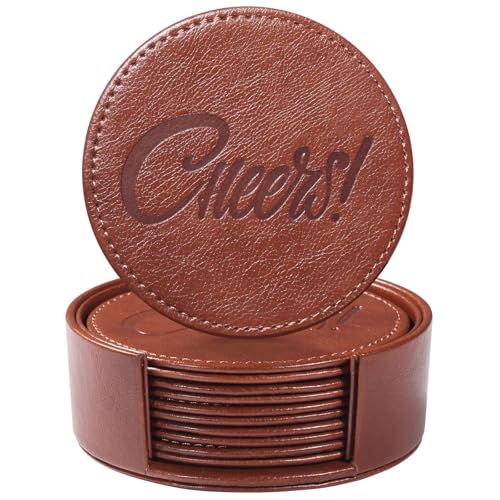 Coasters for Drinks Set of 6 with Holder, 6-Piece Leather Coasters with Embossed Cheers Marks - Durable Drink Coasters Set for Home, Bar, or Office - Brown - color: Brown