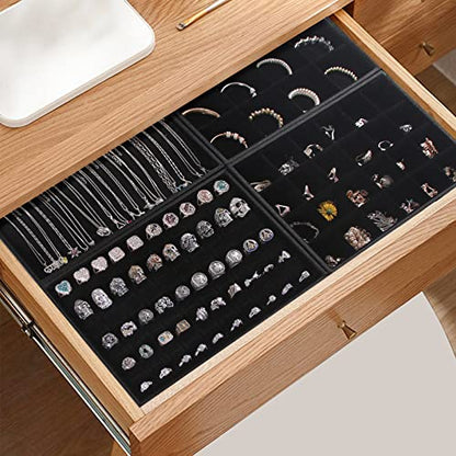 Julysky 4 Pcs/set Stackable Jewelry Organizer Trays for Drawer,100 Slots Ring Tray，Necklace Tray,12 Grid,24 Grid Jewelry Displays for Selling,Black - size: 100slot+Necklice+12grid+24grid