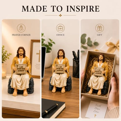 Jesus Christ Statue Peaceful | Handcrafted Polystone Marble Figurine with I Am with You Always Plaque | Christian Home Décor Jesus Resin Idol for Home, Prayer Corner, Altar & Gifting