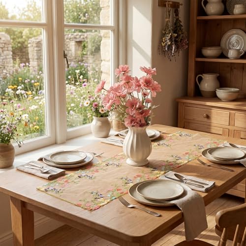 Embroidered Lace Table Runner Spring Summer Floral Tulle Trim Table Runner Flowery for Easter Home Kitchen Dining Wedding Party Indoor Decoration(13 x 36 Inch) - size: 13 x 36 inches