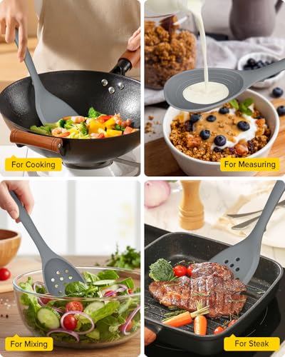 Pack of 4 Silicone Cooking Utensils Set, Non Stick Solid Spatulas and Heat Resistant Slotted Spoons with Back Hooks, Ideal BPA Free Kitchen Utensils Set for Frying,Serving,Turning,Stirring (GRAY) - color: Gray