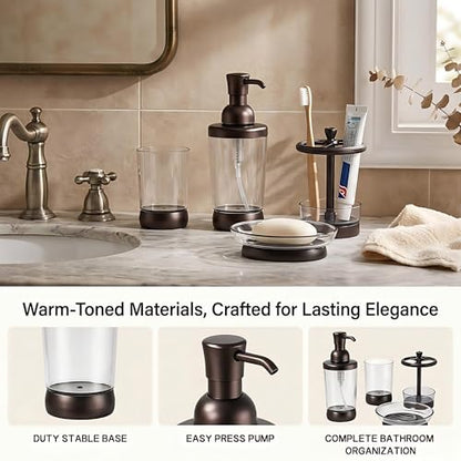 LGURT 4pc Coffee Brown Clear Plastic Bathroom Accessories Set | Soap dispenser, toothbrush holder, soap dish, cup. vintage modern style. Fits vanity, dorm, gift-ready.