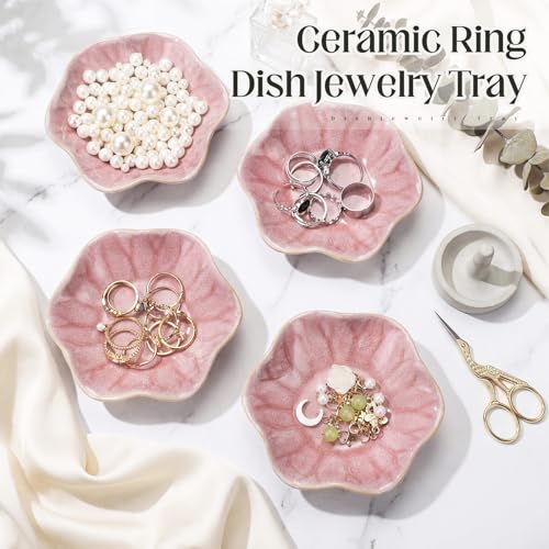 4 Pack Small Jewelry Dish Ceramic Trinket Holder Tray for Rings Earrings Key Bowl Women Mother's Day Wedding Gift(Pink) - color: Pink, style: Ceramic