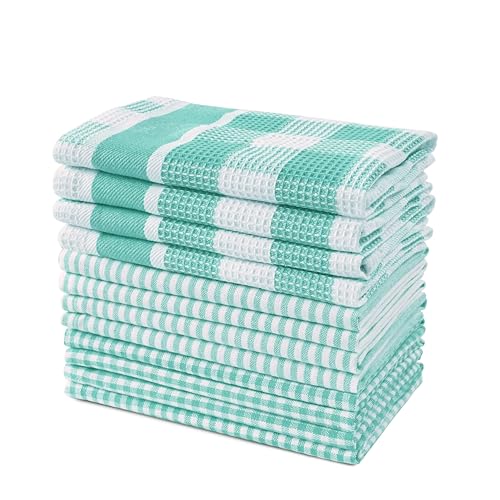 LANE LINEN 100% Cotton Kitchen Dish Cloths, Ultra Soft Absorbent Quick Drying Dish Towels, Multiweave Wash Cloths Dish Towel Sets, 12x12 Inches, 12 Pack - Aqua - color: 05: Aqua, size: 12"x12" - 12 Pack