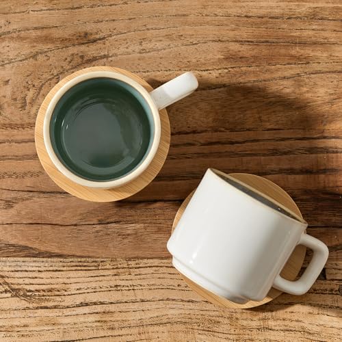 LUKA Porcelain Stackable Espresso Cups with Saucers and Metal Stand, 4 Ounce Small Ceramic Demitasse Cups Set for Latte, Specialty Coffee Drinks, Cafe Mocha,Tea - Set of 4, White Green Interior - color: White-Green