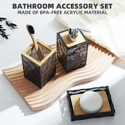 GAHEFY Black Grey Bathroom Accessories Set, Toothbrush Holder, Soap Dispenser, Cotton Swabs Holder, Soap Dish, Toilet Brush with Holder, Black Bamboo Bathroom Decor,Acrylic - style: Black grey
