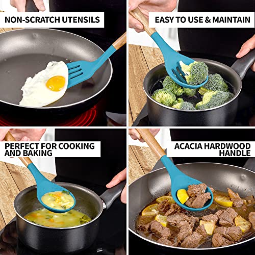 Zulay Kitchen 5 Piece Silicone Utensil Set | Non-Stick Silicone Cooking Utensils Set with Acacia Wood Handles - 464°F Heat Resistance Kitchen Utensils Set - Blue - color: Blue, size: 5-Piece Set
