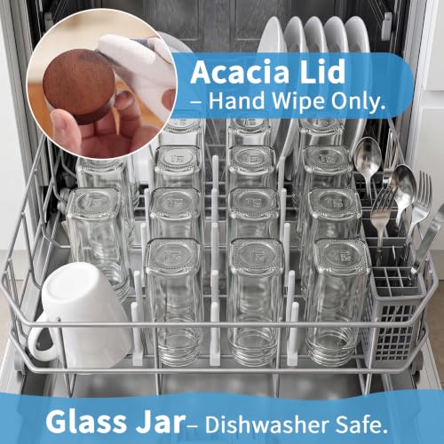 Glass Spice Containers for Kitchen: 14P 4oz Dishwasher Safe Jars | Durable Glass Jars for Cooking Enthusiasts- Airtight Acacia lid 500X Open-Close no Loose - Gift/Daily Use for Housewives