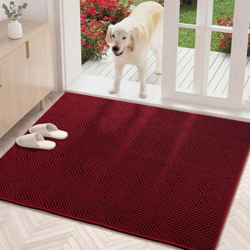 Dirt Trapper Door Mat 34" x 59", Non-Slip Washable Entrance Mat, Dirt Resistant and Absorbent Welcome Mat, Low Profile Floor Mat for Front/Back Door, Entryway, Red - color: Red, size: 34" x 59" (Rectangular)