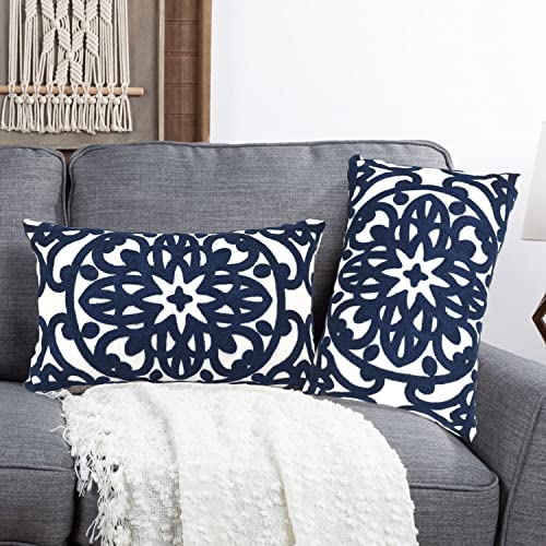 Alysheer Embroidered Lumbar Decorative Throw Pillow Covers 12"x 20" Set of 2, Classic Boho Mandala Embroidery Pattern Cotton Rectangular Cushion Case for Sofa Couch Living Room Bedroom(Navy Blue) - color: Navy, size: 20" x 12" (Pack of 2)