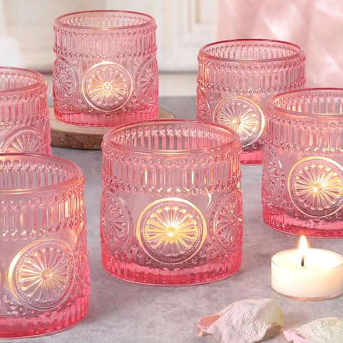 6Pcs Large Votive Candle Holders Pink Glass Tealight Candle Holders | Candle Holders for Wedding, Table Centerpiece, Party, Birthday, Home Decor - color: Pink