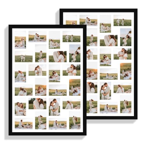 Hongkee 22x32 Frame 2 Pack, Fits 24 4x6 Photo with Mat- Real Glass Cover | Black Wooden, Display Collage Twenty-four 4x6 - Horizontal or Vertical Wall Mounting, fits Photos, Posters and Art - color: Black, size: 22x32 in matted to 24-4x6