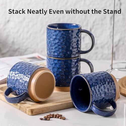 Nihow 16 OZ Ceramic Coffee Mug with Stackable Stand,Set of 4,Blue | Stainless Stand Included, Cappuccino & Tea, Hot/Cold Drinks, Dishwasher & Microwave Safe - color: Vivid Blue, size: 16 oz With Stand