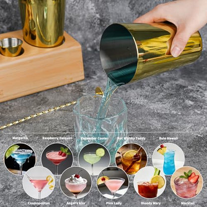 Cocktail Shaker Set Bartender Kit with Bamboo Stand, 15-Piece Stainless Steel Bar Set Accessories, Professional Bartending Kit Home Bar Tools Set with Recipes (Gold, Natural Wood Stand) - color: Gold, size: Wood Stand