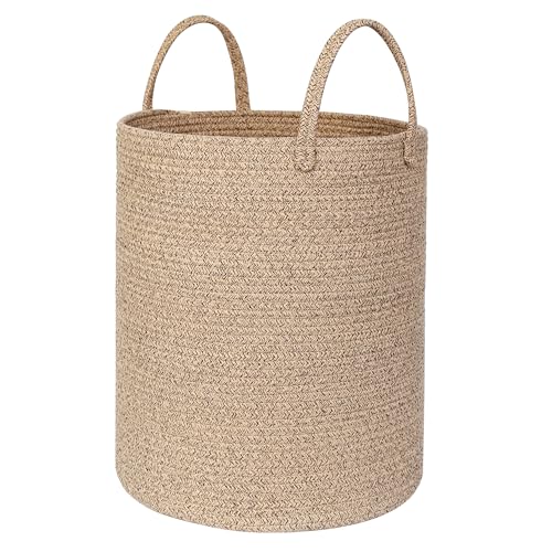 Large Woven Laundry Basket, 15"x18" Tall Blanket Storage for Living Room, Cute Nursery Kids Baby Laundry Hamper, Wicker Hamper for Bedroom Aesthetic, Cotton Rope Dirty Clothes Decor Basket - color: Brown, size: 15"D x 18"H
