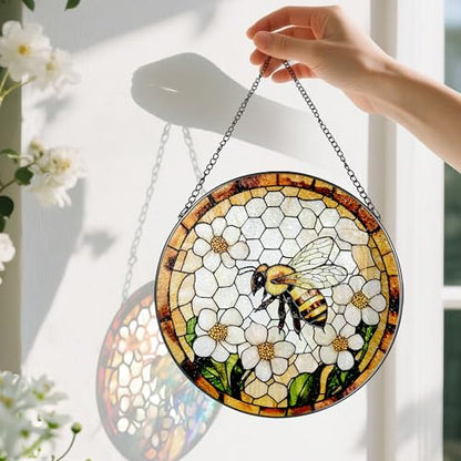 Bee Wildflowers Stained Glass Suncatcher, Stained Glass Window Hanging, 8 Inch Honey Bee Suncatcher, Honeybee Gifts for Garden Lovers, Gifts for Mother's Day, Teacher Gift, Grandma Gift - color: Bee