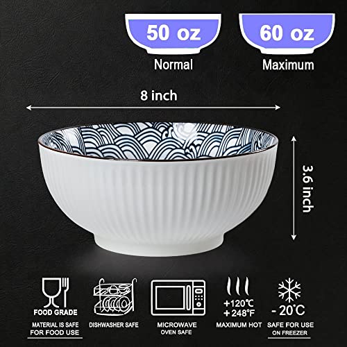 Houlu 60 oz Pho Bowls, Large Soup Bowl, Japanese Ramen Bowl Set, 8 inches Big Porcelain Bowls Set of 3, Wave Pattern - color: Wave Pattern
