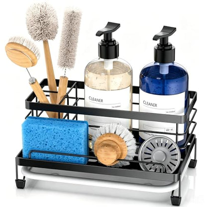 Cisily Sponge Holder for Kitchen, Sink Caddy Organizer, Kitchen Sink Accessories with Drip Tray, Rustproof and Non-slip Kitchen Sink Sponge Holder (Black) - color: Black