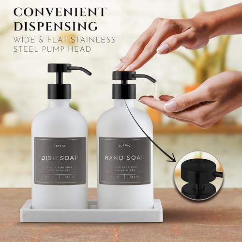 Glass Soap Dispenser Set of 2 (White) with Silicone Tray | Hand and Dish Soap Dispenser for Kitchen and Bathroom | 16.8 Oz Glass Bottles with Stainless Steel Pump & 15 Waterproof Labels (White/Black) - color: White/Black