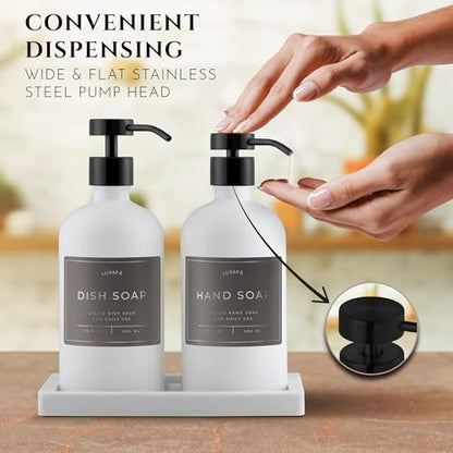 Glass Soap Dispenser Set of 2 (White) with Silicone Tray | Hand and Dish Soap Dispenser for Kitchen and Bathroom | 16.8 Oz Glass Bottles with Stainless Steel Pump & 15 Waterproof Labels (White/Black) - color: White/Black