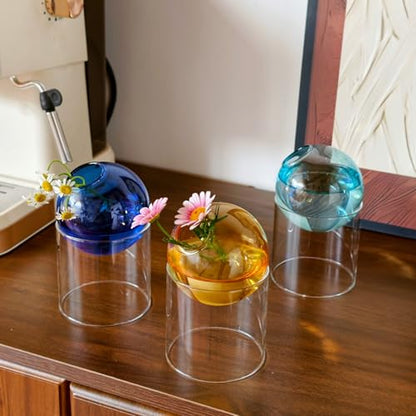 3-Pack Plant Propagation Station, Geometric Glass Vase Set | Mini Flower Vases & Planter Terrariums for Tables - color: Blue + Aqua + Amber