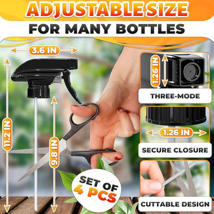 4 Pack Spray Nozzle for Bottles, Trim-to-Fit Tube; Plastic (Black) | Spray Bottle Nozzle Replacement; Fits 8 and 16 Oz; Trigger Sprayer with Mist, Stream & Off Modes; for Cleaning and Garden - color: 4 Pcs Black