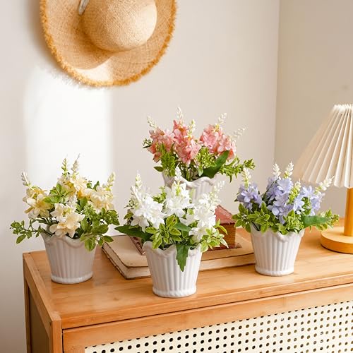4PCS Artificial Spring Flowers with Ceramic Pot, Spanish Dagger Plants | Centerpiece Table Decorations – Faux Flowers in Ceramic Vase for Dining Table, Coffee Table, Home, Office & Spring Decor