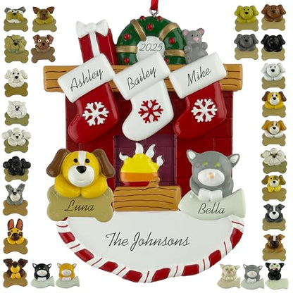 Customized and Personalized Christmas Ornament - Family of 2-6 with Two Pets - Select 2 of The 25 Different Dogs and Cats to Design Your Own Made to Order Gift (Family of 3) - size: Family of 3 with 2 Pets