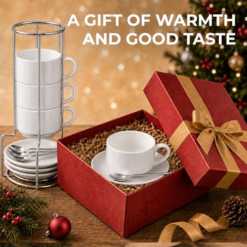 3 Ounce Espresso Cups Set of 4, White | Stackable Demitasse Mugs, Includes Display Stand, Cups Saucers, and Spoons, for Machines & Home Use - color: White